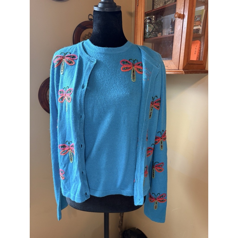 Michael Simon Lite Silk Angora Cashmere Dragonfly Cardigan Shell Twin Set Size M